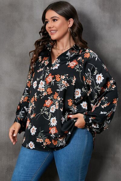 BEAUTIFUL I AM Plus Size Printed Johnny Collar Long Sleeve Blouse Shirt