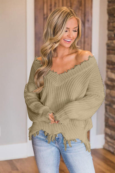 BEAUTIFUL I AM Frayed Hem Dropped Shoulder Sweater