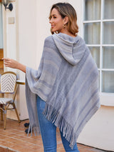 BEAUTIFUL I AM Striped Fringe Hem Hooded Poncho