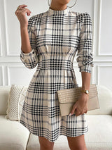 BEAUTIFUL I AM Houndstooth Mock Neck Cinched Mini Dress