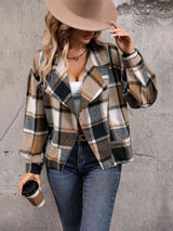 BEAUTIFUL I AM Plaid Collared Neck Long Sleeve Jacket