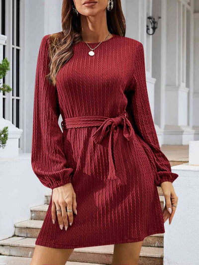 BEAUTIFUL I AM Round Neck Tie Front Long Sleeve Dress