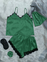 BEAUTIFUL I AM Lace Trim Cami, Shorts, Eye Mask, Scrunchie, and Bag Pajama Set Sleep Wear