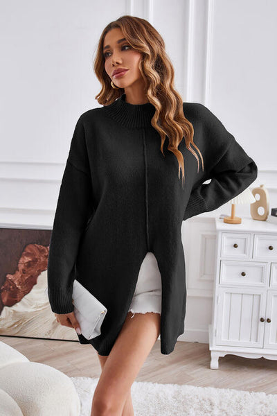 BEAUTIFUL I AM Exposed Seam Mock Neck Slit Sweater