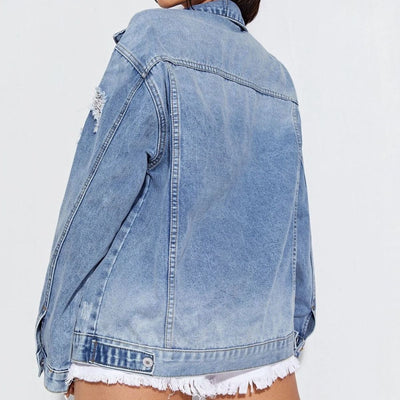 BEAUTIFUL I AM Collared Neck Button-Up Distressed Denim Jacket