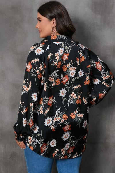 BEAUTIFUL I AM Plus Size Printed Johnny Collar Long Sleeve Blouse Shirt