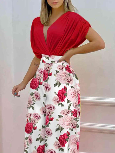 BEAUTIFUL I AM Printed Surplice Top and Wide Leg Pants Set