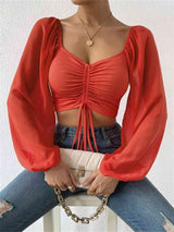 BEAUTIFUL I AM Drawstring Sweetheart Neck Cropped Top Shirt