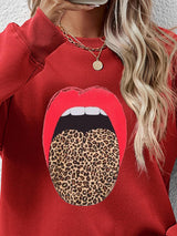 BEAUTIFUL I AM Leopard Lip Graphic Round Neck Sweatshirt