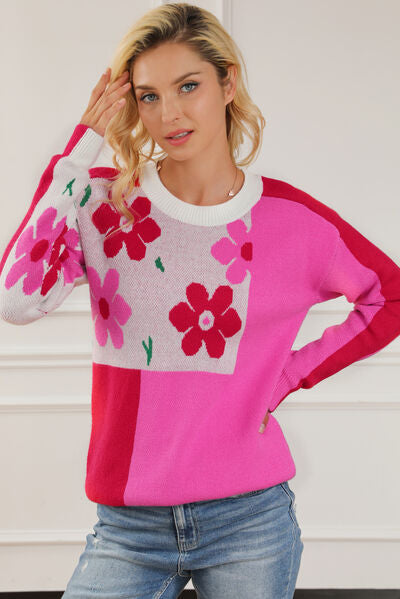 BEAUTIFUL I AM Floral Round Neck Dropped Shoulder Sweater