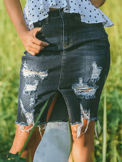 BEAUTIFUL I AM Full Size Distressed Slit Denim Skirt Dress