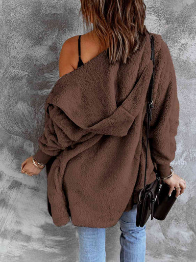 BEAUTIFUL I AM Open Front Hooded Faux Fur Outwear Jacket with Pockets