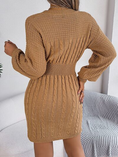 BEAUTIFUL I AM Cable-Knit Cutout Round Neck Slit Sweater Dress