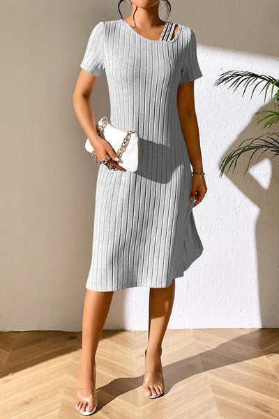 BEAUTIFUL I AM Ribbed Asymmetrical Neck Short Sleeve Dress