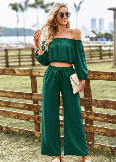 BEAUTIFUL I AM Off-Shoulder Blouse and Drawstring Waist Pants Set