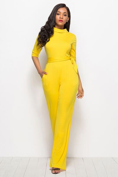 BEAUTIFUL I AM Mock Neck Tie-Waist Half Sleeve Pants Jumpsuit