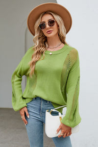 BEAUTIFUL I AM Openwork Round Neck Dropped Shoulder Knit Top Sweater