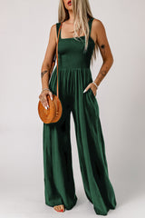 BEAUTIFUL I AM Smocked Square Neck Wide Leg Pants Jumpsuit with Pockets