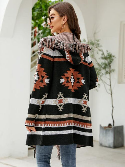 BEAUTIFUL I AM Fringe Geometric Hooded Long Sleeve Cardigan