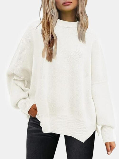 BEAUTIFUL I AM Round Neck Drop Shoulder Slit Sweater