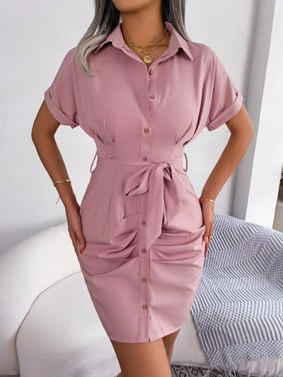 BEAUTIFUL I AM Button Down Ruched Tie Belt Dress