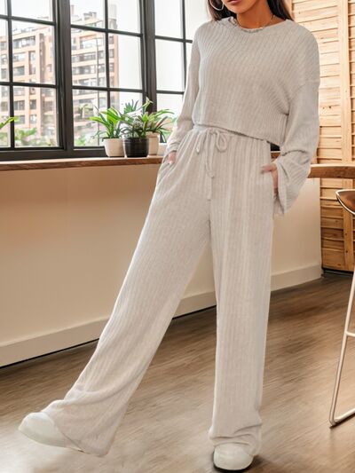 BEAUTIFUL I AM Ribbed Round Neck Top and Drawstring Pants Set