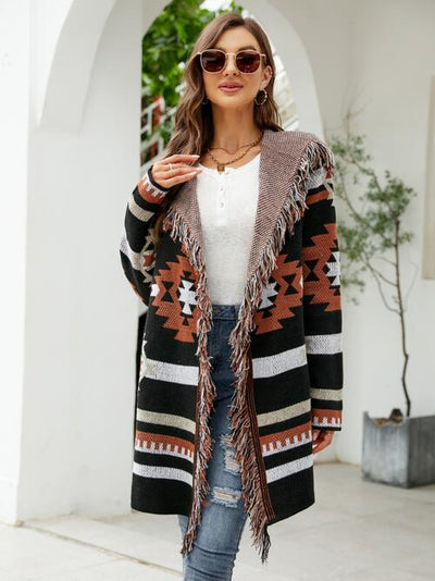 BEAUTIFUL I AM Fringe Geometric Hooded Long Sleeve Cardigan