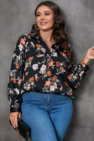 BEAUTIFUL I AM Plus Size Printed Johnny Collar Long Sleeve Blouse Shirt