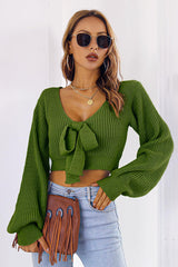 BEAUTIFUL I AM Bow V-Neck Long Sleeve Cropped Sweater