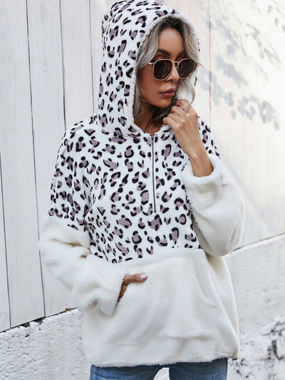 BEAUTIFUL I AM Leopard Half-Zip Dropped Shoulder Hoodie