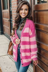 BEAUTIFUL I AM Striped Button Up Fuzzy Cardigan with Pockets