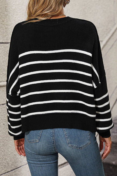 BEAUTIFUL I AM Striped Dropped Shoulder Round Neck Pullover Sweater