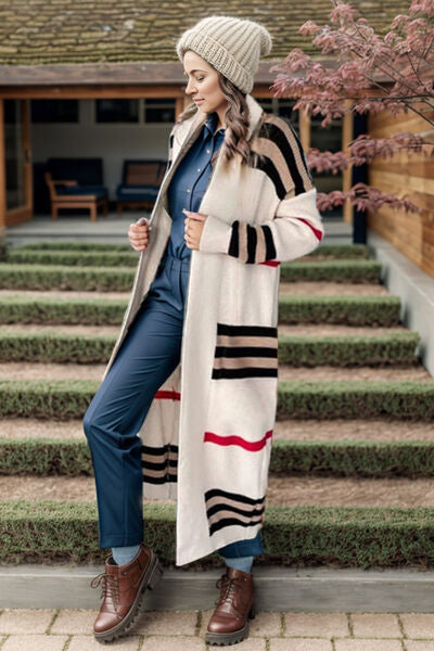 BEAUTIFUL I AM Striped Open Front Long Sleeve Longline Sweater Cardigan