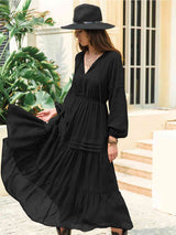 BEAUTIFUL I AM Tie Neck Long Sleeve Midi Tiered Dress