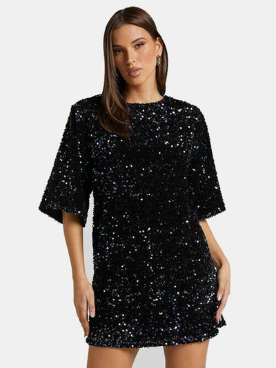 BEAUTIFUL I AM Sequin Tie Back Half Sleeve Mini Dress