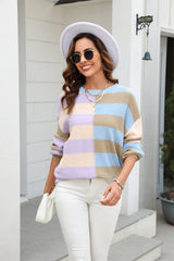 BEAUTIFUL I AM Round Neck Long Sleeve Color Block Dropped Shoulder Pullover Sweater