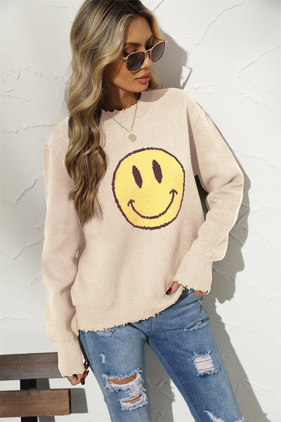 BEAUTIFUL I AM Round Neck Long Sleeve Smily Face Graphic Sweater