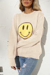 BEAUTIFUL I AM Round Neck Long Sleeve Smily Face Graphic Sweater