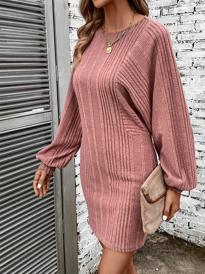 BEAUTIFUL I AM Ribbed Round Neck Long Sleeve Dress