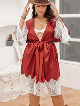 BEAUTIFUL I AM Plus Size Lace Patchwork Tie Front Robe