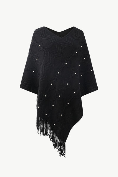 BEAUTIFUL I AM Pearl Trim V-Neck Fringe Hem Poncho