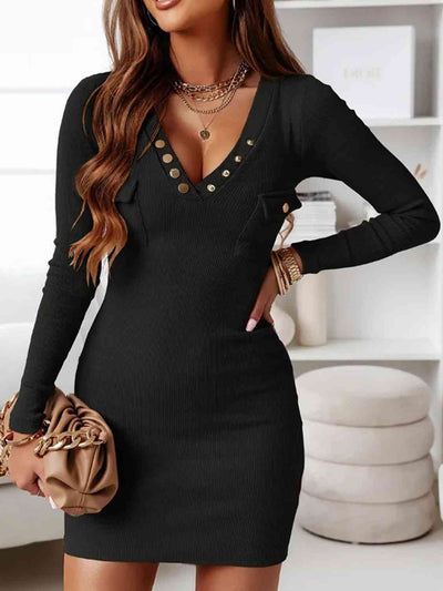 BEAUTIFUL I AM V-Neck Long Sleeve Ribbed Dress