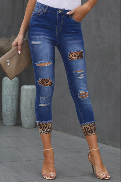 BEAUTIFUL I AM Leopard Patch Distressed Cropped Jeans