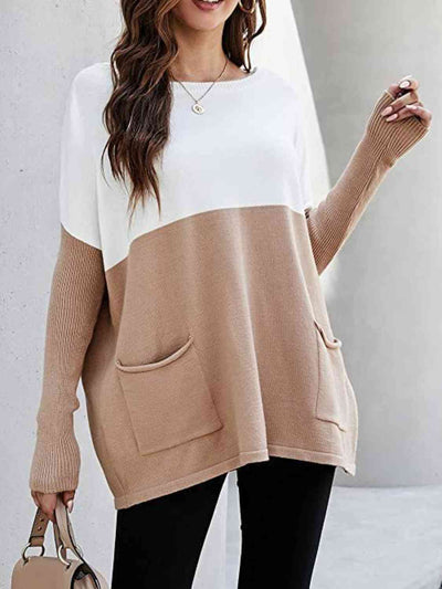 BEAUTIFUL I AM Two Tone Pullover Sweater with Pockets