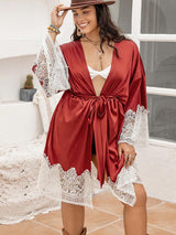 BEAUTIFUL I AM Plus Size Lace Patchwork Tie Front Robe