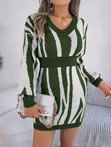 BEAUTIFUL I AM V-Neck Animal Print Long Sleeve Sweater Dress