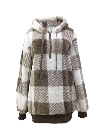 BEAUTIFUL I AM Plaid Half Zip Drawstring Hoodie