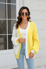 BEAUTIFUL I AM Open Front Contrast Color Balloon Sleeve Cardigan