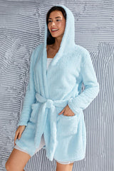 BEAUTIFUL I AM Fuzzy Tied Pocketed Hooded Lounge Robe