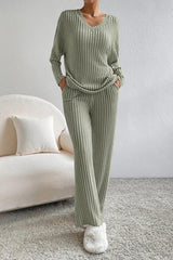 BEAUTIFUL I AM Ribbed V-Neck Top and Pants Set